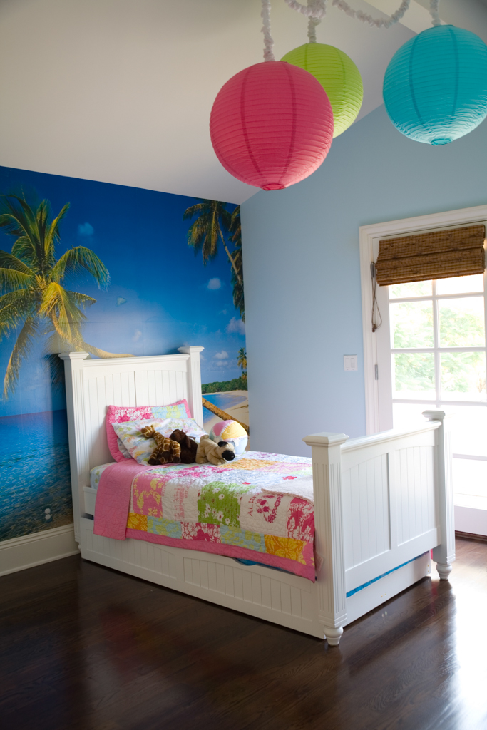 Little Girl's Room with Island Wallpaper and Paper Globe Lights